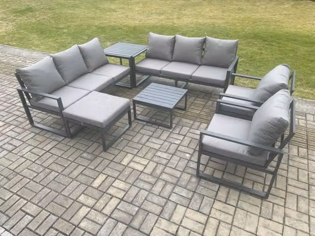 Fimous Modern L-Shape Aluminium Garden Lounge Sofa Set in Dark Grey with Coffee Table and Ottoman