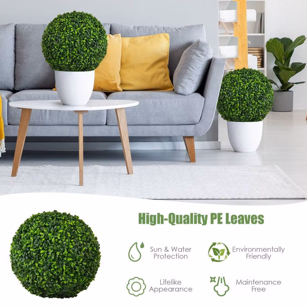 Costway Set of 2 Green Artificial Round Topiary Potted Plants for Home and Garden Decor – 5