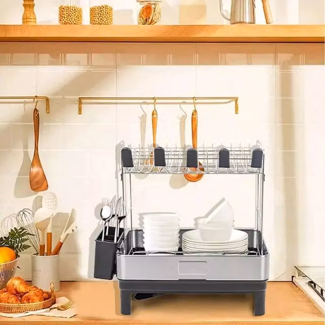 KORVIXA 2-Tier Black Metal Dish Drying Rack with Rotating Utensil Holder