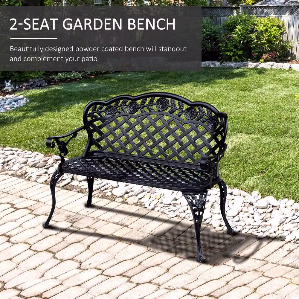 OUTSUNNY 2-Seater Cast Aluminium Garden Bench in Matt Black – 3