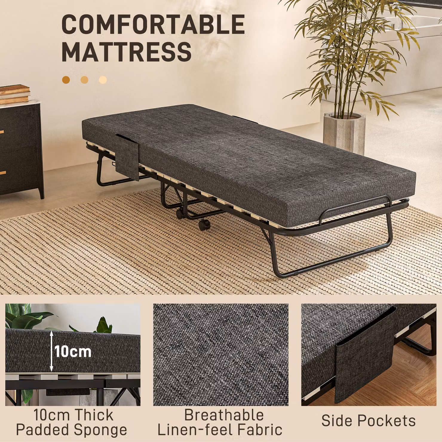 HOMCOM Folding Single Guest Bed with 10cm Foam Mattress on Wheels, Dark Grey, W/D/H: 80 x 190 x 10 cm – 4