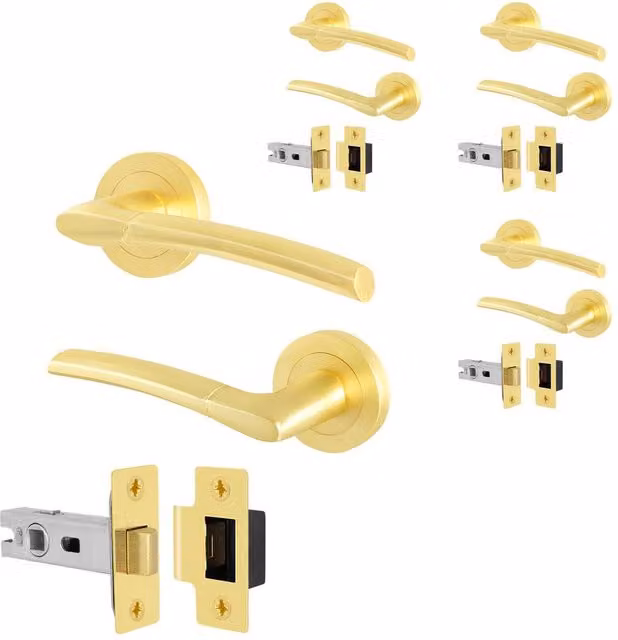 AFIT Gold Brass Door Handles with Rose and Latch, 4 Pair Lever Set, Latch 64mm, W/D/H: 15 x 15 x 1.5 cm – 1