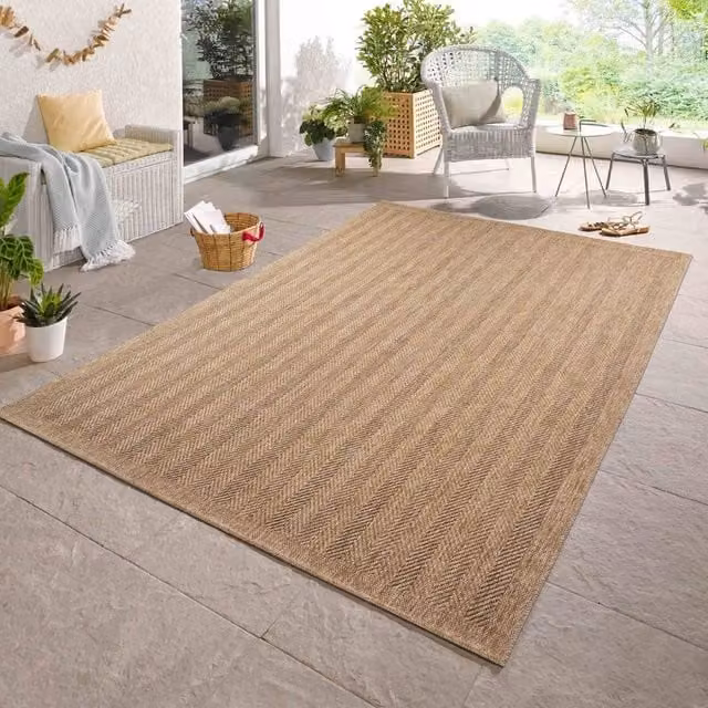 Desire Rugs Modern Herringbone Machine Woven Indoor Outdoor Jute Rug in Brown and Beige, W/D/H: 60 x 180 cm