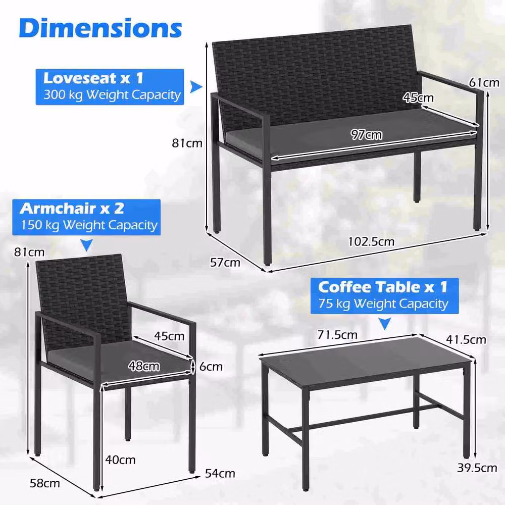 Costway 4-Piece Grey Polyrattan Patio Furniture Set with 2-Seater Sofa, Armchairs, Coffee Table and Upholstered Cushions – 2