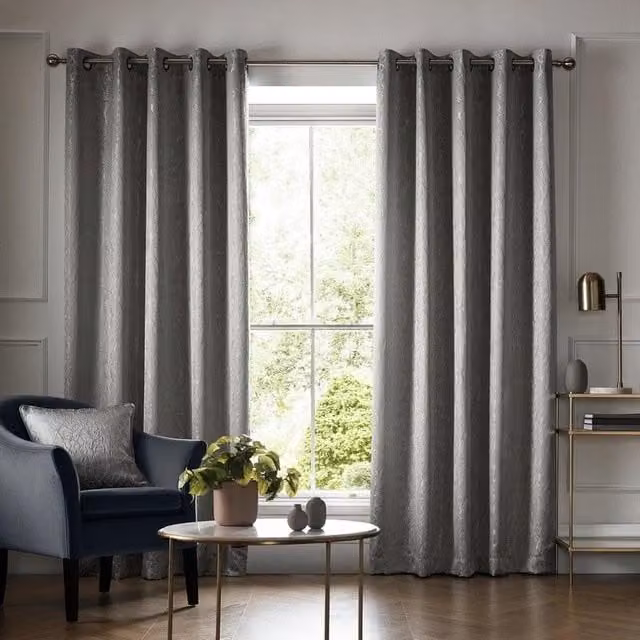 Terrys Elstree Ready Made Eyelet Curtains in Grey Floral Cotton Fabric