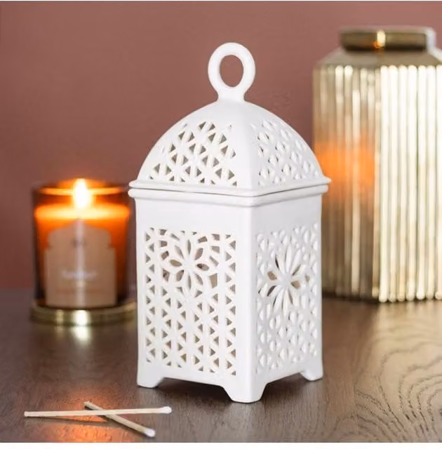 KDMD Moroccan Style Lantern-Shaped Ceramic Tealight Burner in White – 1