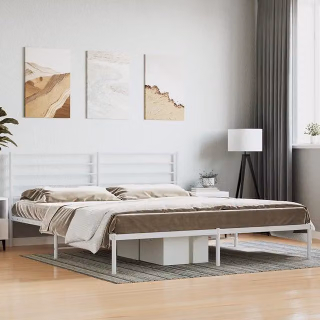 Berkfield Home Metal Bed Frame with Headboard in White W/D/H: 193 x 203 cm