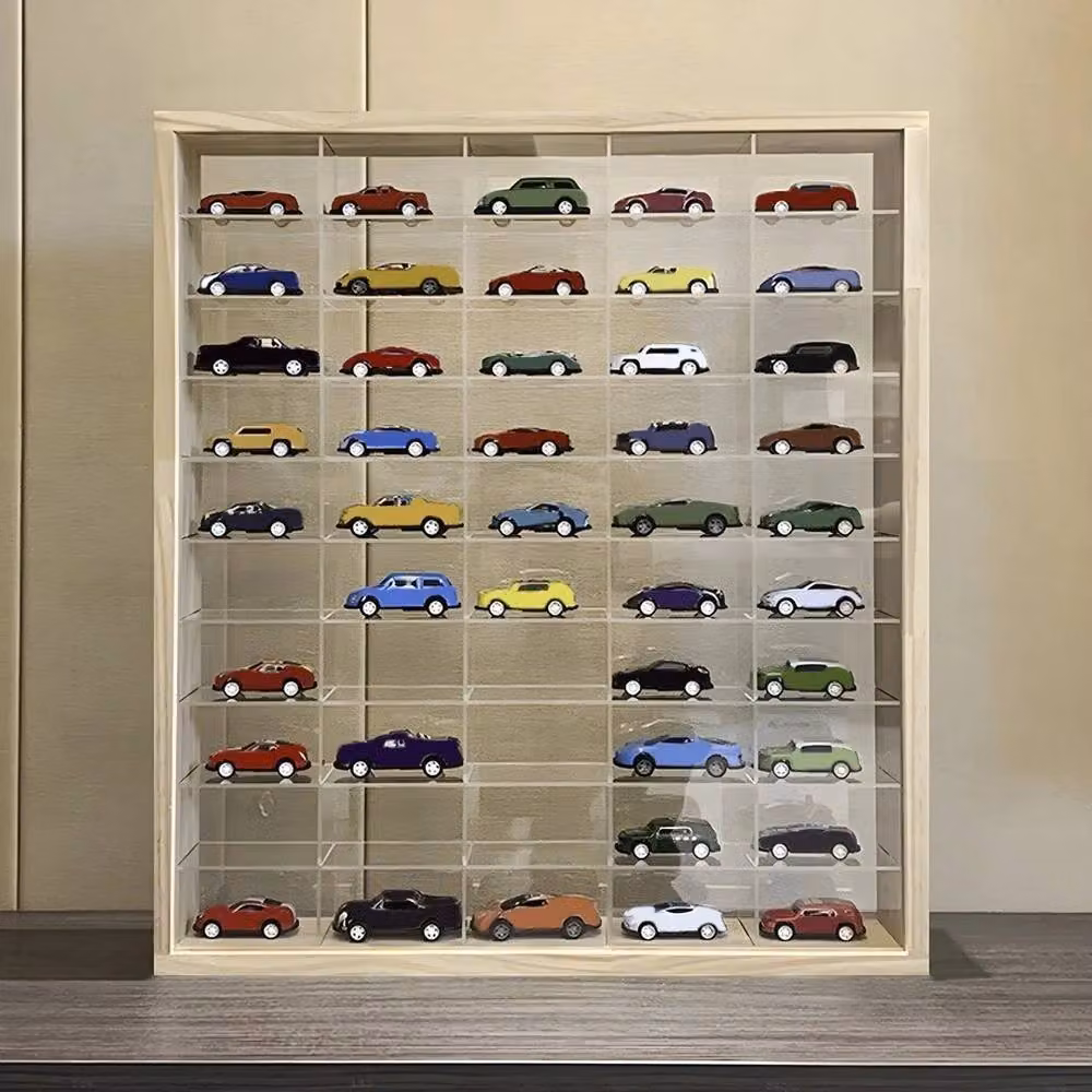 FLAVORA Wall Mounted Acrylic Display Cabinet with Glass Doors in Natural Wood – 3