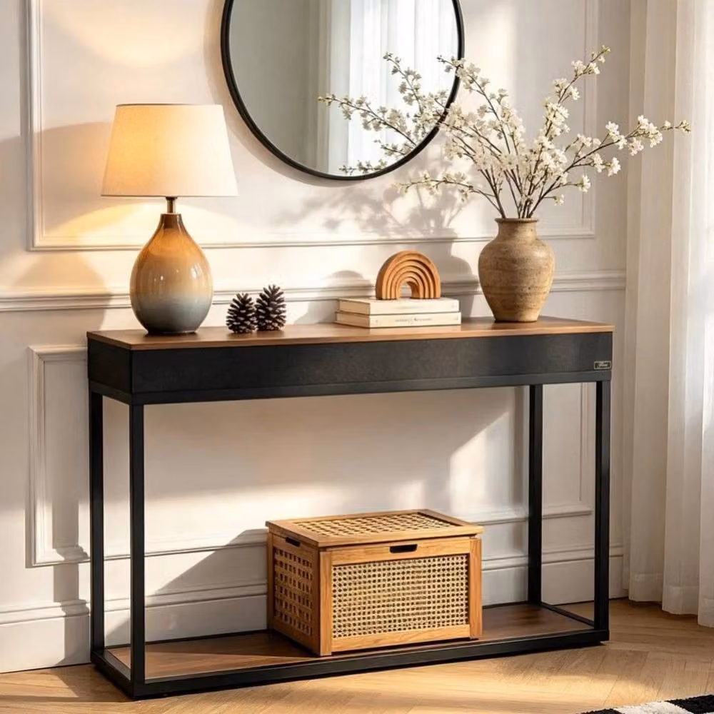 KORVIXA Brown Entryway Console Table with Charging Station Outlets W/D/H: 100 x 100 x 100 cm – 3
