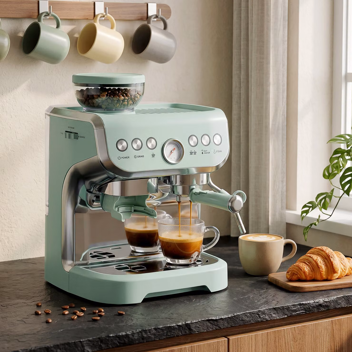 HOMCOM Bean to Cup Coffee Machine with Integrated Grinder and Steam Wand, Light Green – 3
