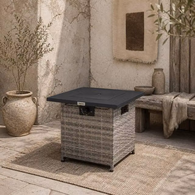 Wyld Haus Ratalli Grey Rattan Square Gas Fire Pit Table with Mesh Guard W/D/H: 71 x 63 x 71 cm