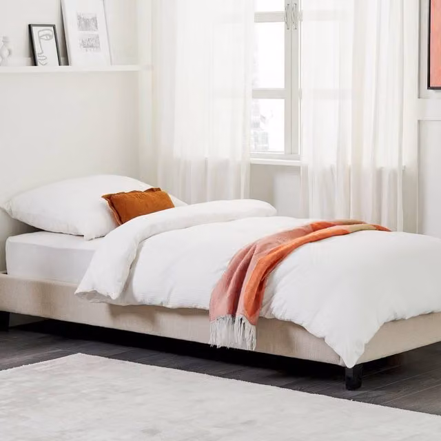 Wyld and Coco Everlume Single Bed, 3ft, Beige Linen Effect Upholstered Slatted Bed Frame – 1