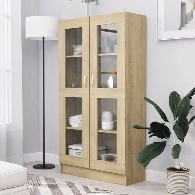 Berkfield Home Vitrine Cabinet in Sonoma Oak with Glass Doors, W/D/H: 82.5 x 30.5 x 150 cm