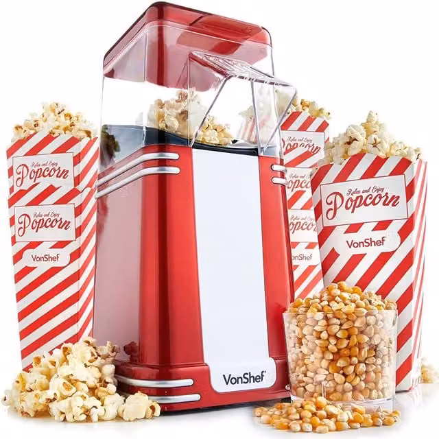 VONSHEF Retro Hot Air Popcorn Maker in Red with 6 Boxes