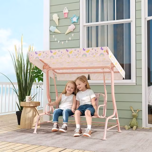 AIYAPLAY 2-Seat Pink Floral Swing Chair Hammock with Sun Canopy and Safety Belt