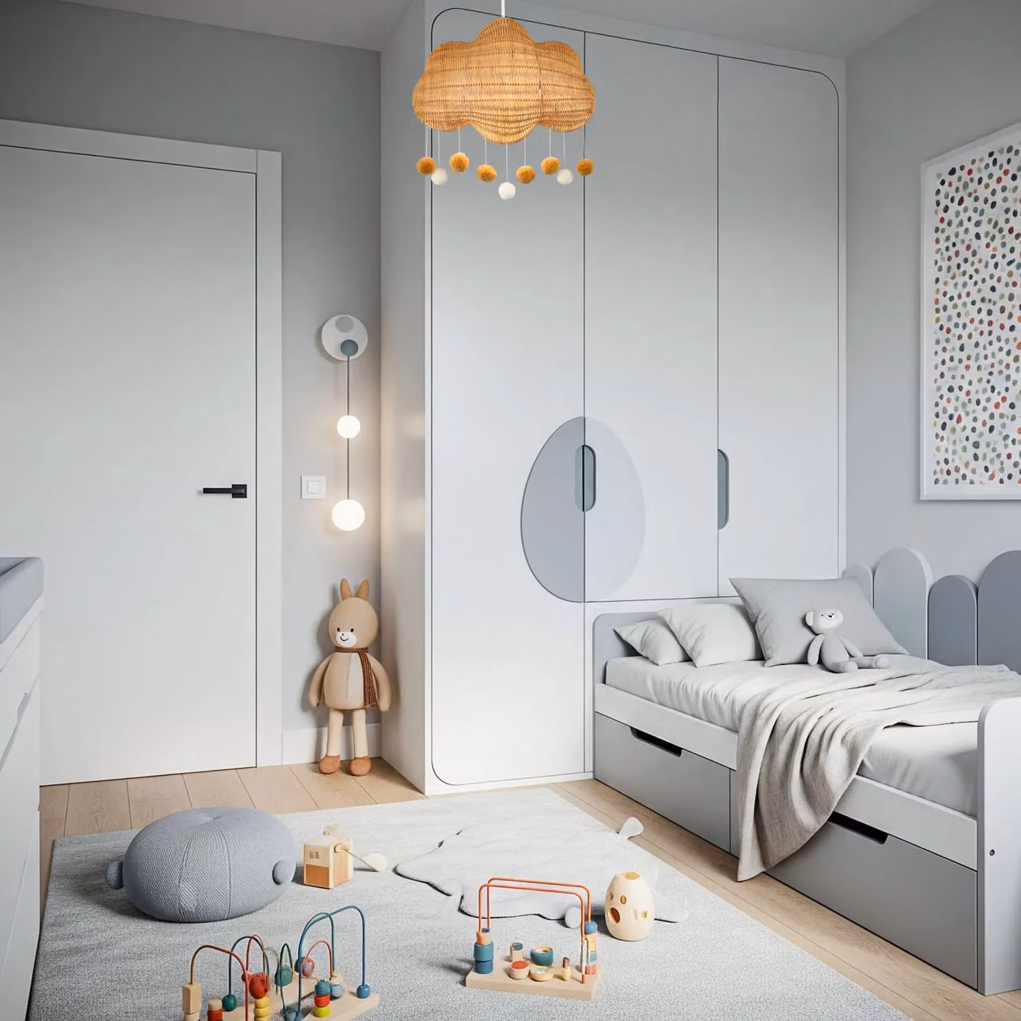 Happy Homewares Cloud Shaped Childrens Rattan Pendant Light Shade with Pom Pom Balls in Brown and White – 2