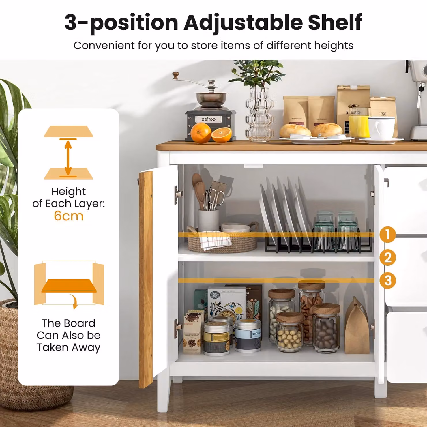 Costway White Wooden Buffet Cabinet with 2 Doors and 3 Pull-out Drawers – 2