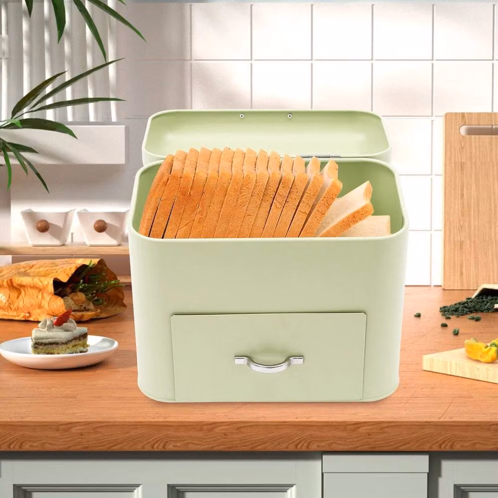 Kelvenix Retro Large Metal Bread Box Storage Counter Organiser in Green W: 30.0 cm, D: 26.5 cm – 2