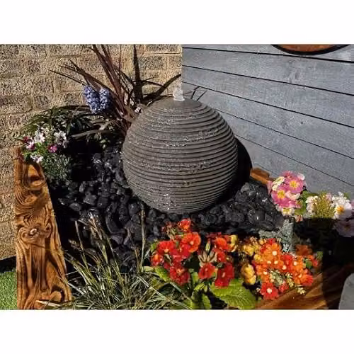 Tranquility Black Sandstone Ribbed Sphere Solar Powered Natural Stone Water Feature, W/D/H: 40 x 40 x 40 cm – 2