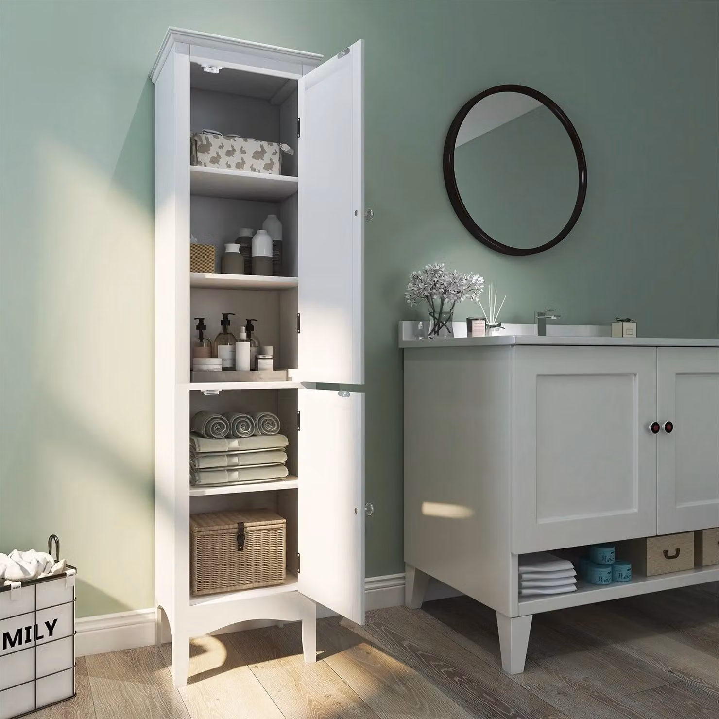 Costway 5-Tier Slim Freestanding Bathroom Storage Cabinet with 2 Hinged Doors in White – 2