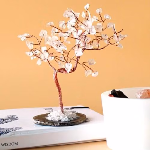 KDMD Large Rock Quartz Gemstone Tree with Black Agate Base
