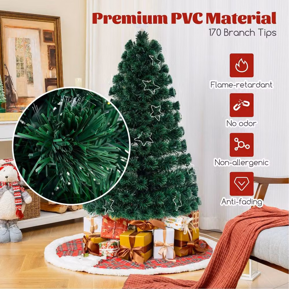 Costway 5 FT Pre-Lit Optical Fiber Artificial Christmas Tree in Green with Multicolour Warm White Lights – 5