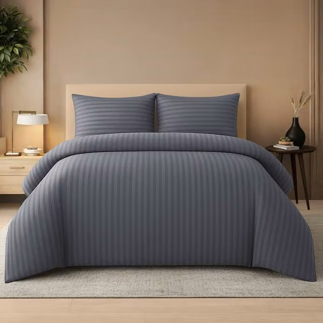 Lazzaro Home Premium Brushed Microfibre Reversible Striped Duvet Cover and Pillowcase Set, Grey, W/D/H: 135 x 200 cm and 90 x 200 cm – 1