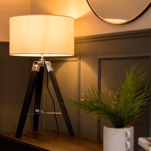 ValueLights Clipper Black Wood Tripod Table Lamp with White Fabric Cylinder Shade