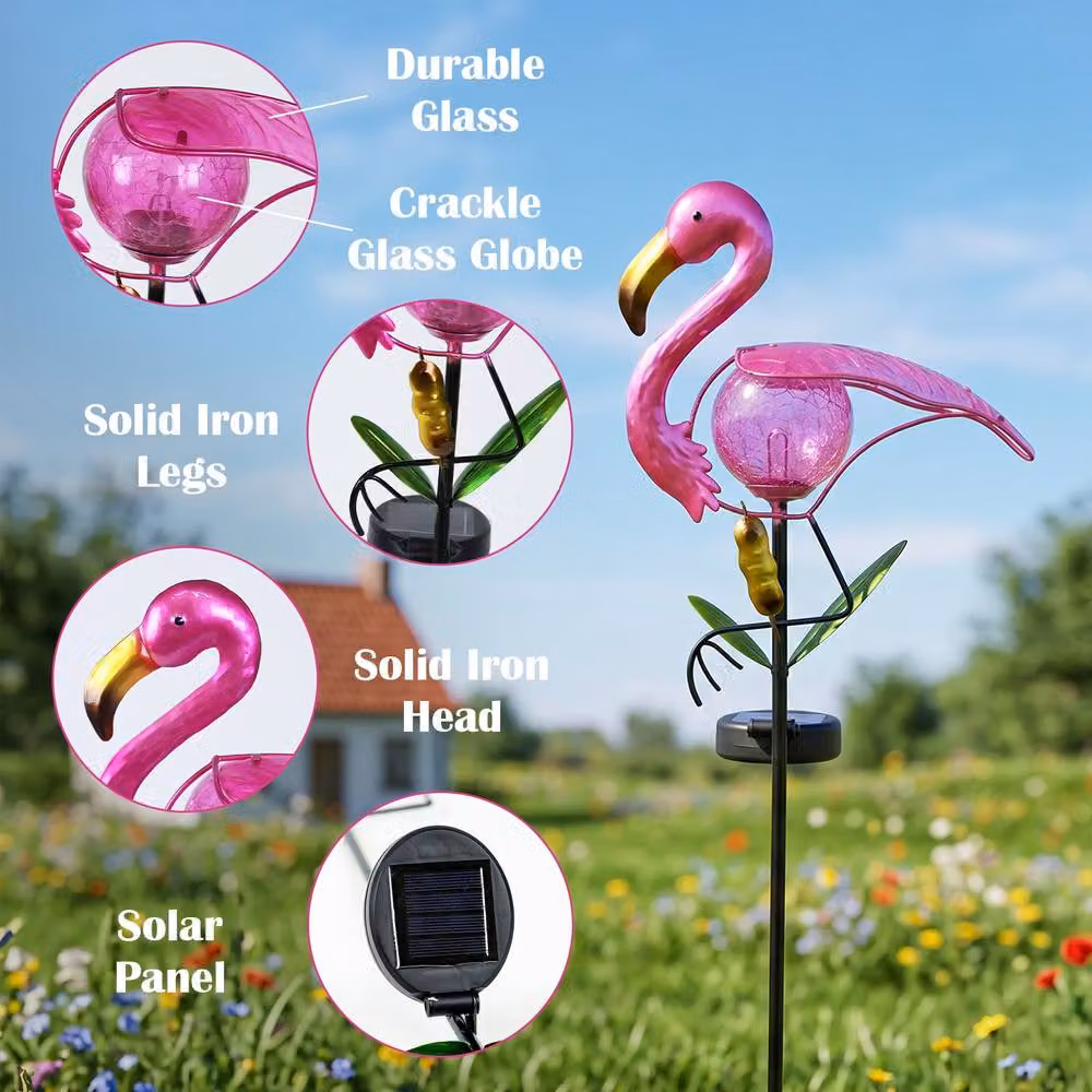 Bright Zeal Pink Metal Solar Flamingo Garden Stake Light with Dusk Sensor – 4