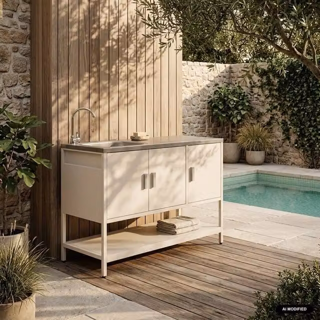 sweeek Modern Outdoor Steel Kitchen with Sink and Hinged Doors, Beige, W: 120 cm