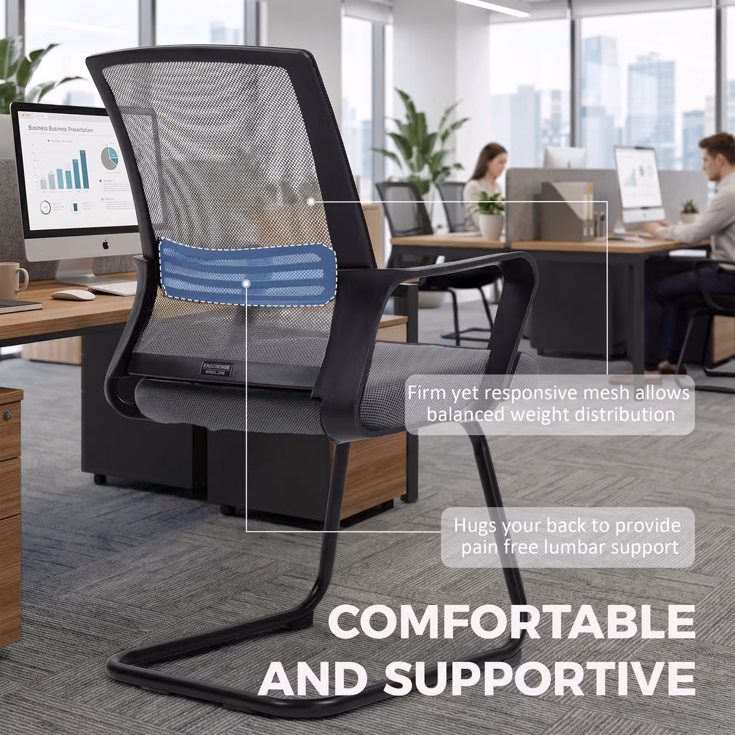 HOMCOM Ergonomic Padded Meeting Office Chair with Sled Base in Dark Grey – 3