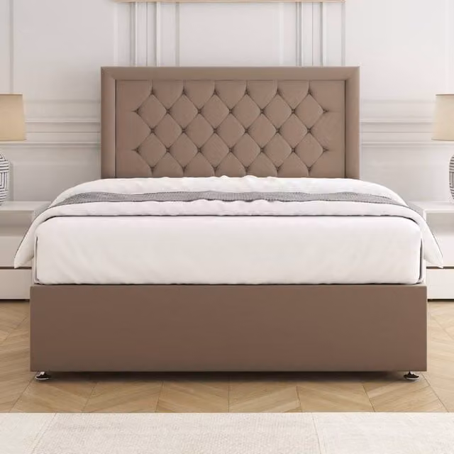 BSSPOKE Nova Plush Velvet Divan Bed Set with 24 inch Headboard and Mattress in Taupe, Super King, W/D/H: 200 x 200 cm