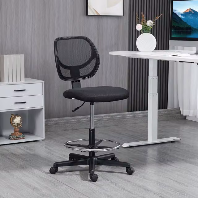 Vinsetto Black Fabric Drafting Chair with Foot Ring and Castors