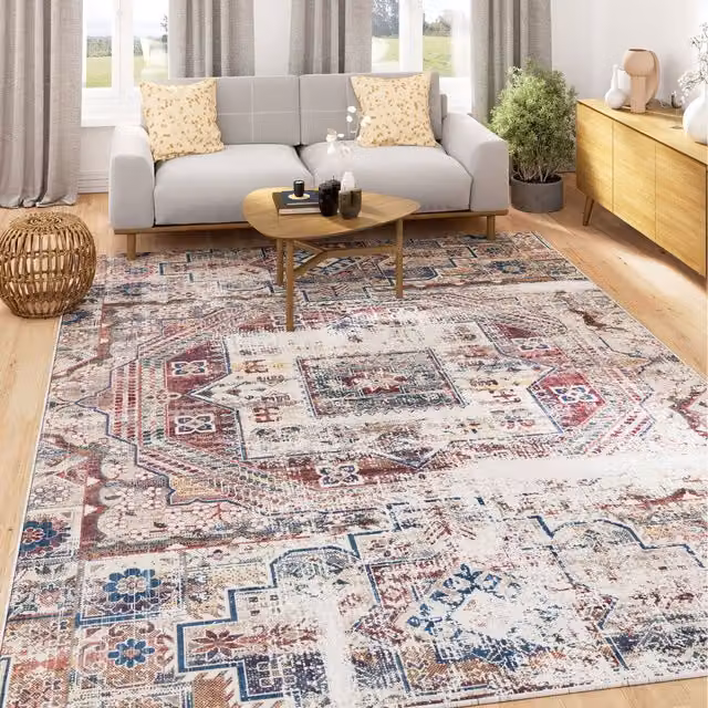 The Rug House Washable Vintage Distressed Rectangular Area Rug in Red, Beige and Multicolour