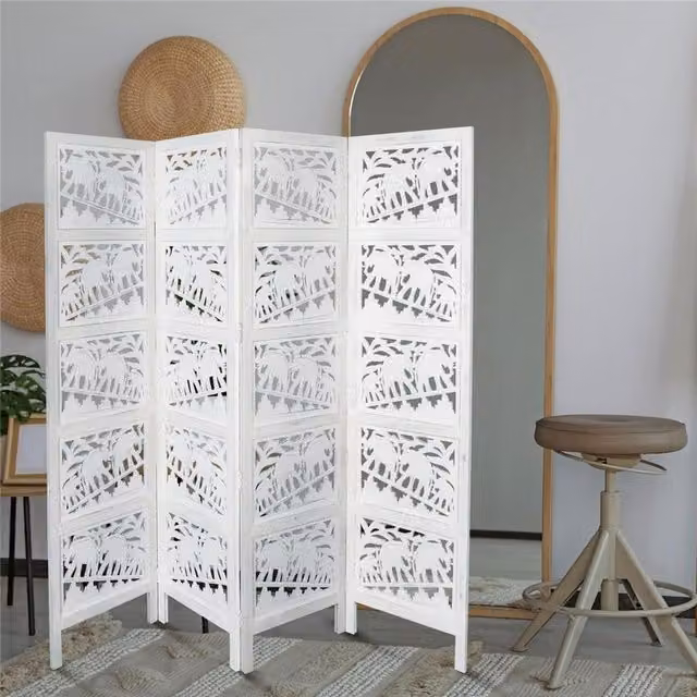 Topfurnishing 4 Panel Heavy Carved Wooden Room Divider Screen with Elephant Design in White
