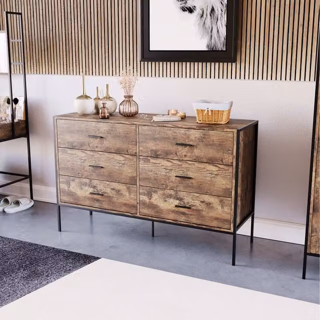 Vida Designs Brooklyn Industrial 6 Drawer Chest in Brown and Black Wood and Metal