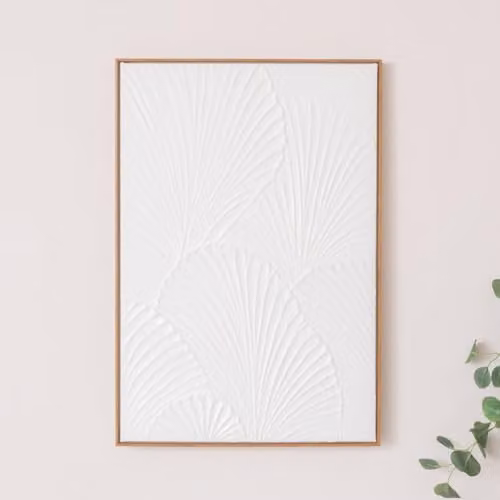Melody Maison Extra Large White and Gold Ginkgo Botanical Textured Wall Art, W: 55 cm, H: 80 cm