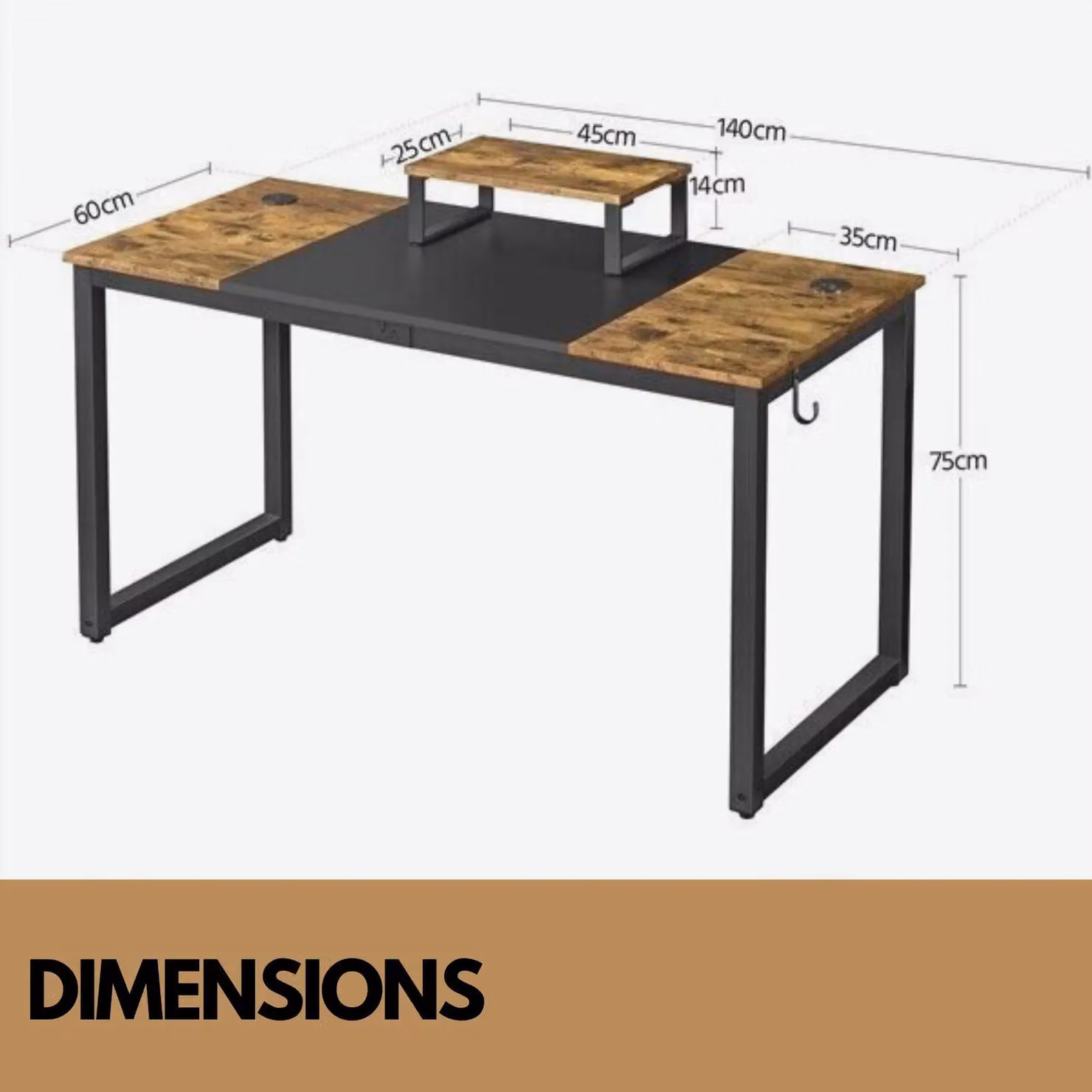 Rafaelo Mobilia Industrial Writing Desk with Moveable Monitor Mount in Brown, W: 140 cm, D: 75 cm, H: 75 cm – 3