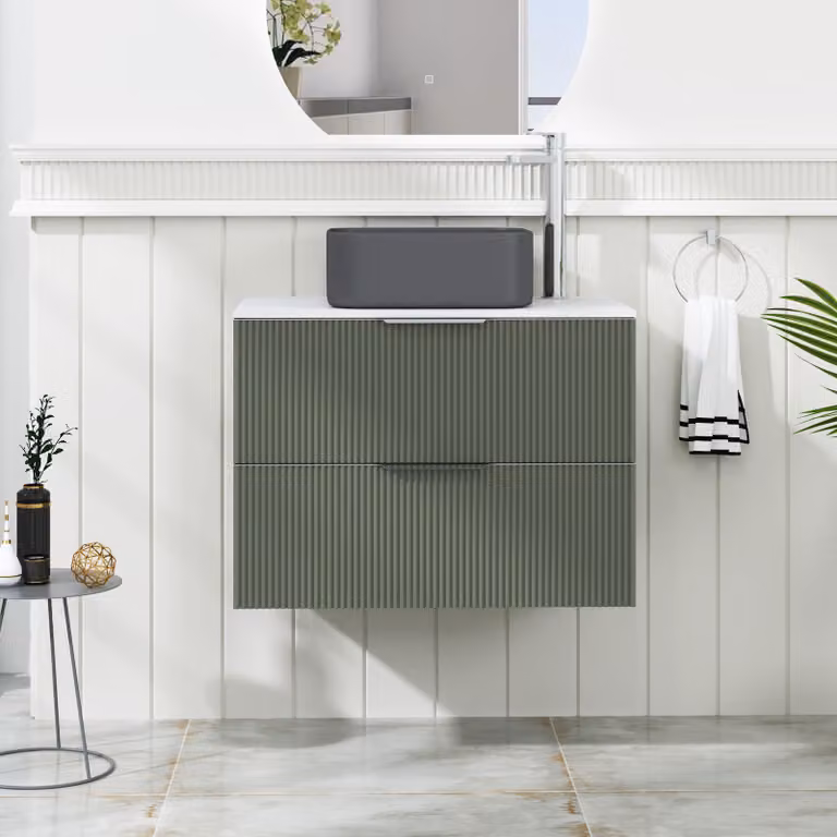 Royal Bathrooms Evora 700mm Sage Green Fluted Wall Hung Countertop Vanity Unit with 2 Drawers and Art Square Basin