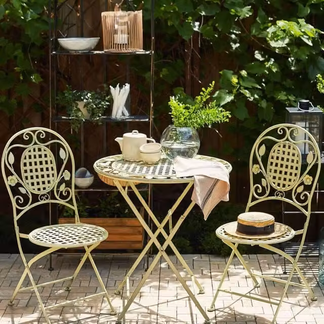Wyld and Coco Set of 2 Light Green Provencal Foldable Metal Garden Chairs