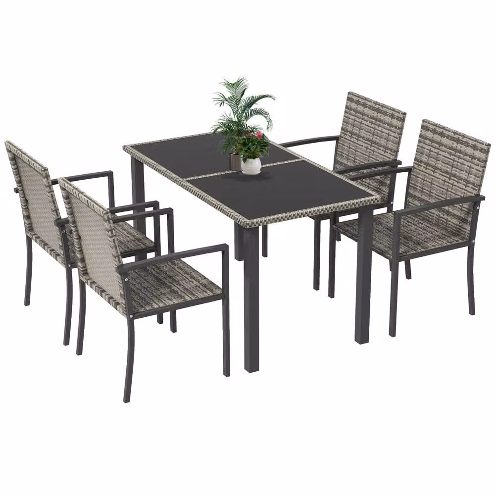 Wyld Haus Saka 4 Seater Outdoor Rattan Dining Set with Tempered Glass Table in Black and Grey – 1