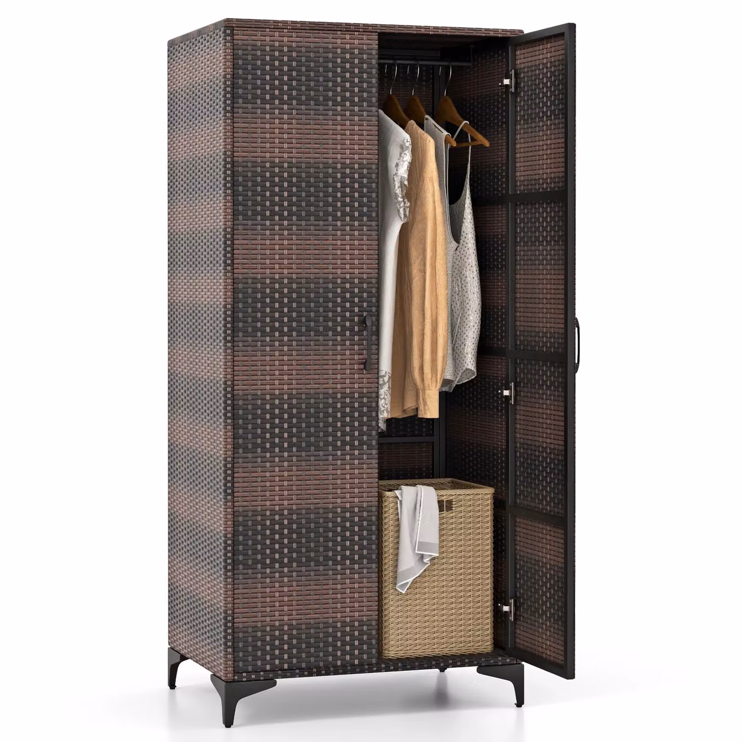 Costway PE Rattan Wardrobe in Brown with Hanging Rod and Hinged Doors, Width: 157 cm – 2