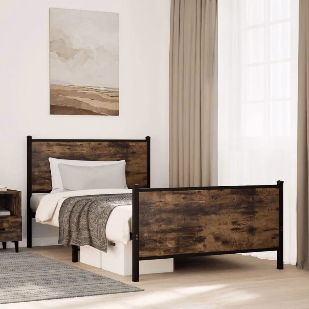 Berkfield Home Metal Bed Frame in Smoked Oak Brown, W/D/H: 100 x 200 cm – 2