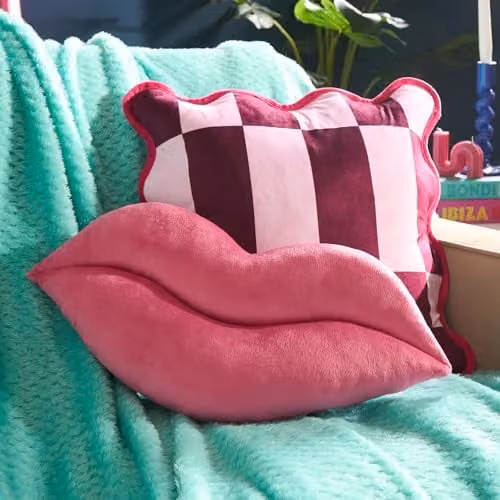 OHS Lips Shaped Plush Throw Pillow in Pink, W: 38 cm x H: 22 cm