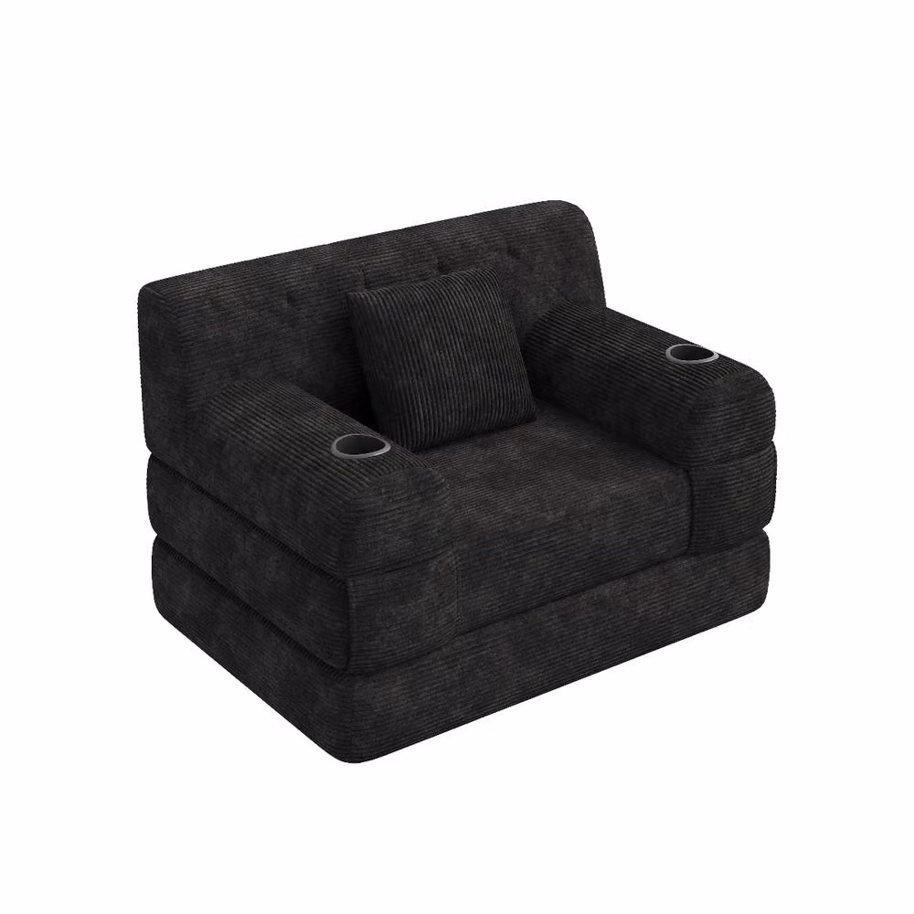 Rolipo Black Corduroy 1-Seater Sleeper Sofa Chair with Cup Holders and Armrests – 7