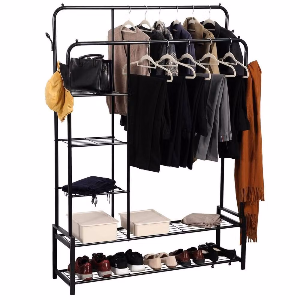 VOGREX Heavy Duty Double Clothes Rail with 2 Shoe Racks, 3 Shelves and 4 Hooks in Matt Black – 2