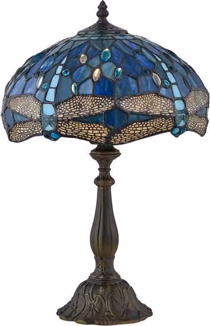 First Choice Lighting Beaumont Tiffany Dragonfly Coloured Glass Table Lamp in Bronze and Blue, Height: 47 cm
