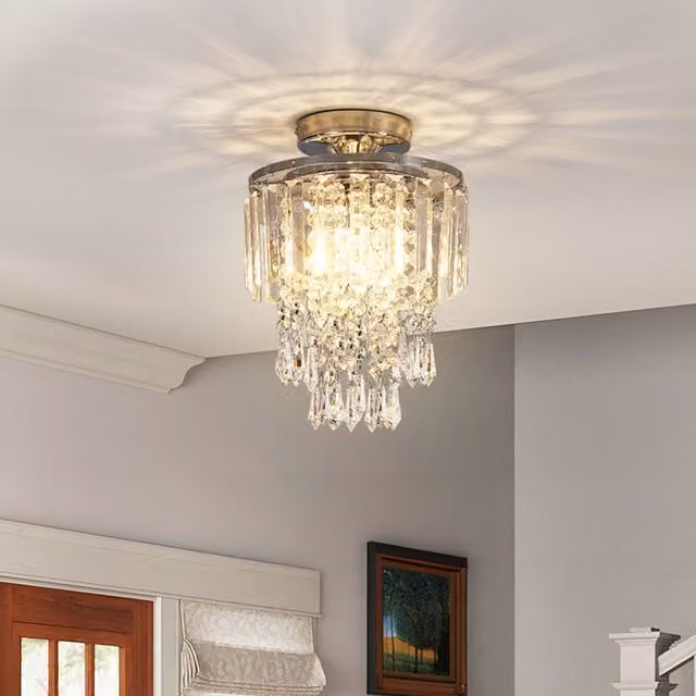 Komore Silver and Transparent Crystal Suspended Cylinder Ceiling Light