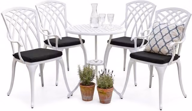 Centurion Supports OSHOWA 5-Piece Cast Aluminium Bistro Set with Round Table and 4 High-Back Armchairs in White with Black Cushions
