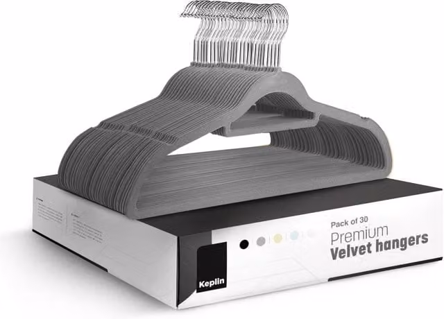 Keplin Non-Slip Velvet Flocked Clothes Hangers with Tie Bar, Grey, 30 Pack